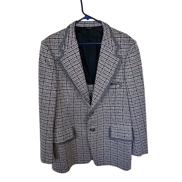 Vtg Mens Phoenix Houndstooth Blazer Tailored 70s Big Collar Red Black Poly - Picture 1 of 8